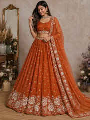 Orange Poly Shimmer Fabric With Sequins and Beads work