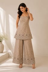 Beige Viscose Shimmer Tissue Fabric With Beads & Stone Embroidery Work