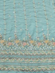 Sky- Blue Satin Fabric With Multi Colour Embroidery and Beads Work
