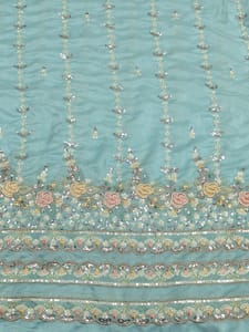 Sky- Blue Satin Fabric With Multi Colour Embroidery and Beads Work