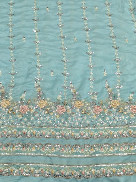 Sky- Blue Satin Fabric With Multi Colour Embroidery and Beads Work