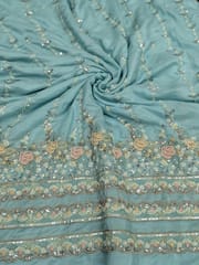 Sky- Blue Satin Fabric With Multi Colour Embroidery and Beads Work