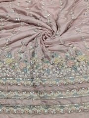 Baby Pink Satin Fabric With Multi Colour Embroidery and Beads Work