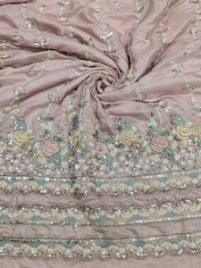 Baby Pink Satin Fabric With Multi Colour Embroidery and Beads Work