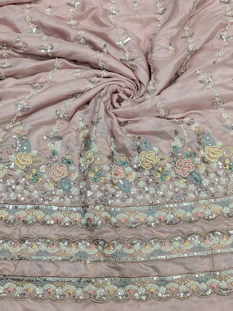 Baby Pink Satin Fabric With Multi Colour Embroidery and Beads Work