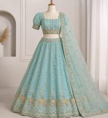 Sky- Blue Satin Fabric With Multi Colour Embroidery and Beads Work