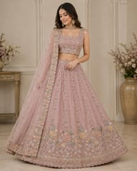Baby Pink Satin Fabric With Multi Colour Embroidery and Beads Work