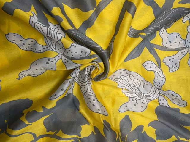 Yellow & Grey Floral Pure Chanderi Fabric