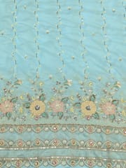 Sky- Blue Satin Fabric With Multi Colour Embroidery and Beads Work