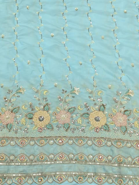 Sky- Blue Satin Fabric With Multi Colour Embroidery and Beads Work
