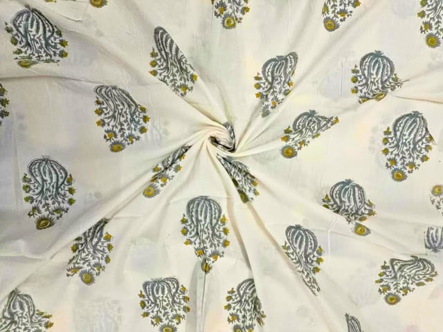 White & Grey Floral Cotton Cambric Fabric