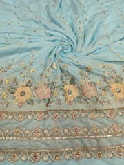 Sky- Blue Satin Fabric With Multi Colour Embroidery and Beads Work