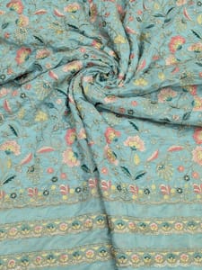 Sky- Blue Satin Fabric With Multi Colour Embroidery