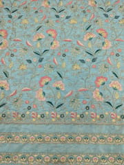 Sky- Blue Satin Fabric With Multi Colour Embroidery