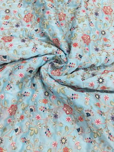 Pastel Blue Fabric With Multi Colour Embroidery
