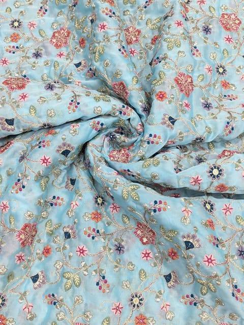 Pastel Blue Fabric With Multi Colour Embroidery