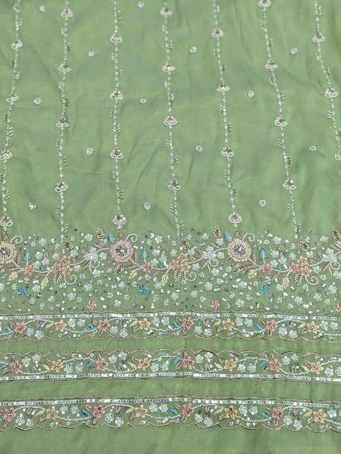 Green Fabric With Multi Colour Embroidery and Beads Work