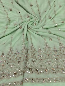 Mint Green Satin Fabric With Zari Embroidery and Beads Work
