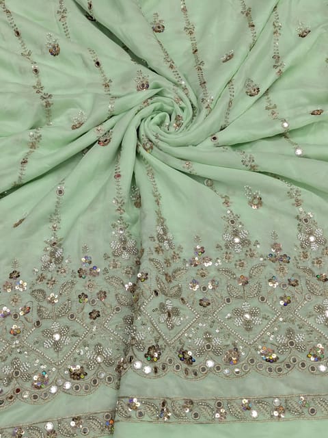 Mint Green Satin Fabric With Zari Embroidery and Beads Work
