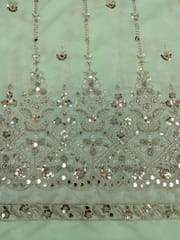 Mint Green Satin Fabric With Zari Embroidery and Beads Work