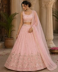 Baby Pink Satin Fabric With Zari Embroidery and Beads Work