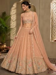Peach Crepe Fabric With Multi Colour Patch Work and Beads Embroidery