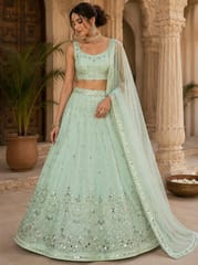 Mint Green Satin Fabric With Zari Embroidery and Beads Work