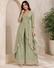 Green Fabric With Multi Colour Embroidery and Beads Work