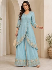 Sky- Blue Satin Fabric With Multi Colour Embroidery and Beads Work