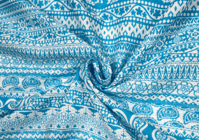 Printed Cotton Cambric Blue White Abstract