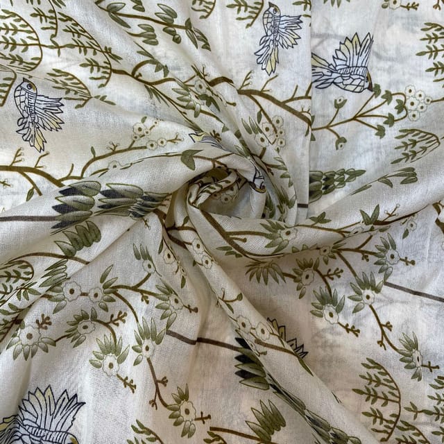 Cream Colour Pure Chanderi Silk Printed Fabric