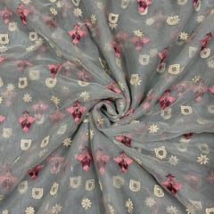 Grey Colour Net Embroidered Fabric