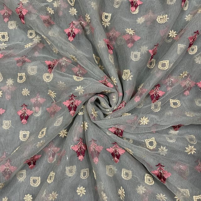 Grey Colour Net Embroidered Fabric