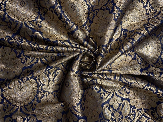 Navy Blue & Gold Floral Semi Brocade Fabric