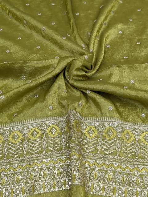 Olive Green Fabric With Zari and Embroidery Work
