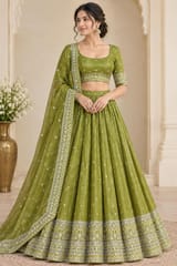 Olive Green Fabric With Zari and Embroidery Work