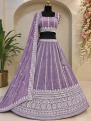 Purple Poly Shimmer Fabric With Sequins and White Thread work