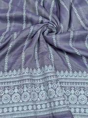 Purple Poly Shimmer Fabric With Sequins and White Thread work