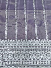 Purple Poly Shimmer Fabric With Sequins and White Thread work