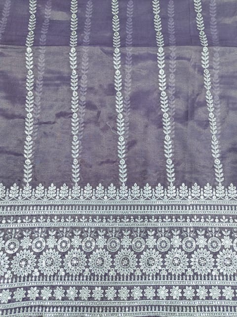 Purple Poly Shimmer Fabric With Sequins and White Thread work