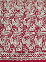 Crimson Red Satin Fabric With Zari Work Embroidery