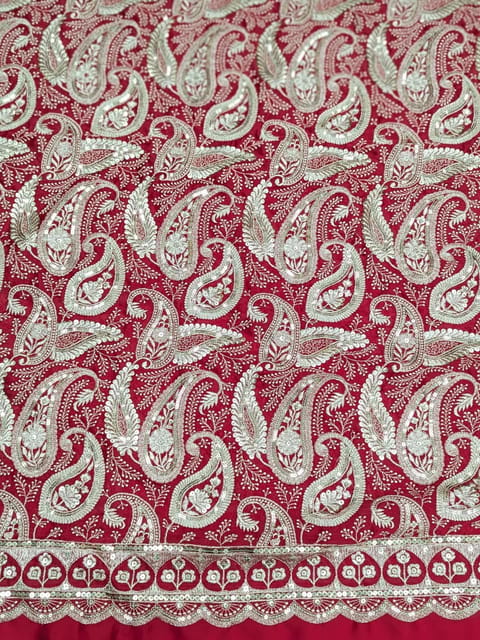 Crimson Red Satin Fabric With Zari Work Embroidery