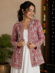 Crimson Red Satin Fabric With Zari Work Embroidery