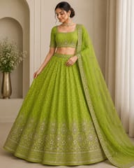 Parrot Green Jacquard Fabric With Zari Work Embroidery
