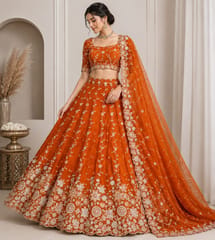 Orange Poly Shimmer Fabric With Sequins and Embroidery work