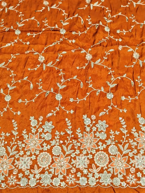 Orange Poly Shimmer Fabric With Sequins and Embroidery work