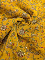 Yellow Colour Crepe Silk Position Printed Fabric