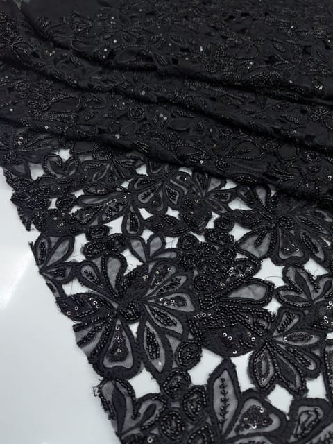 Black Cutwork Lace Fabric With Beads Work