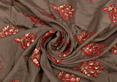 Embroidered Cotton Dark Brown Red Flowers