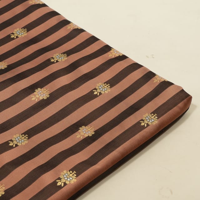 Brown Color Satin Jamawar Stripes Booti Fabric